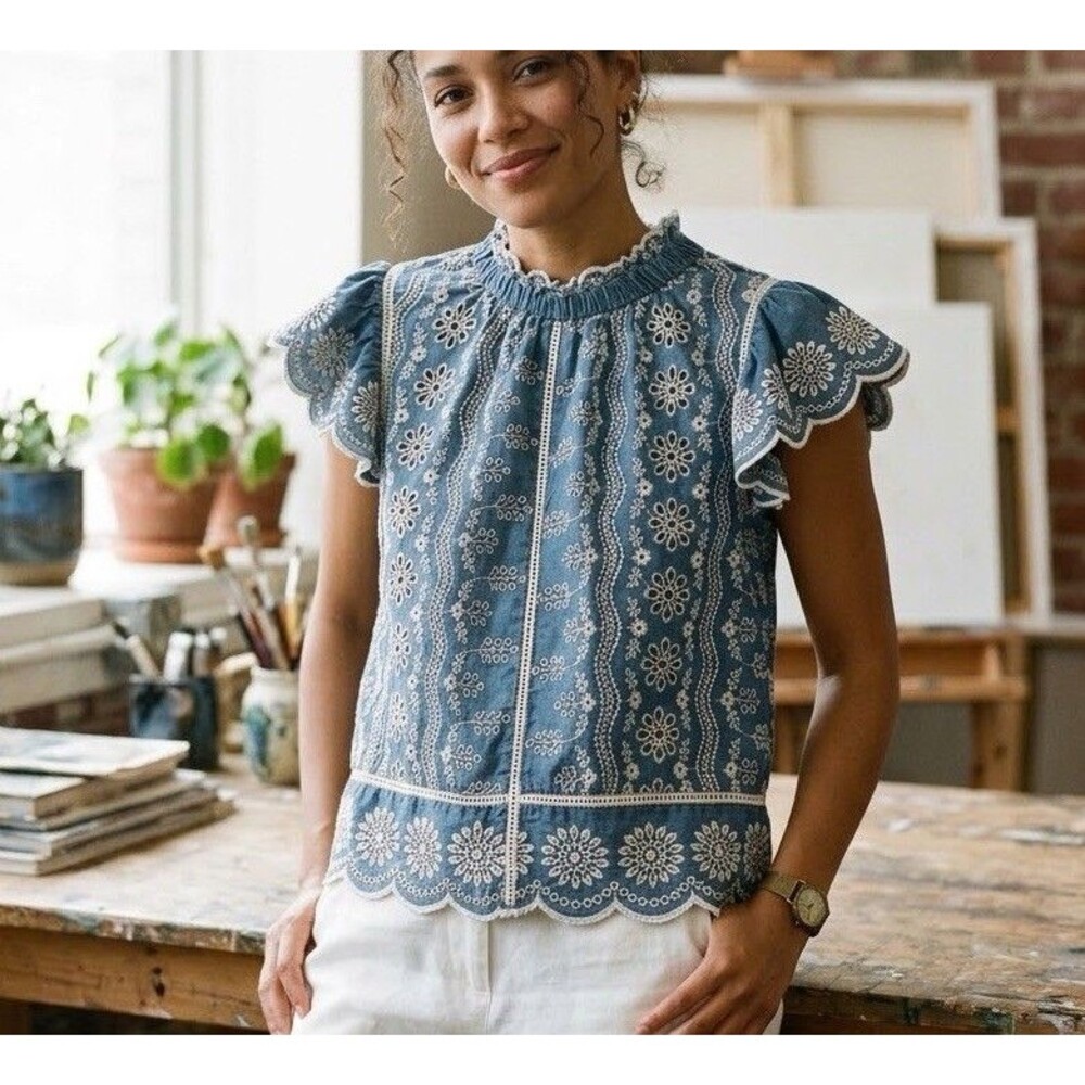 Jennifer & Grace Denim Chambray Eyelet Embroidered Top Ruffle Flutter Blouse S